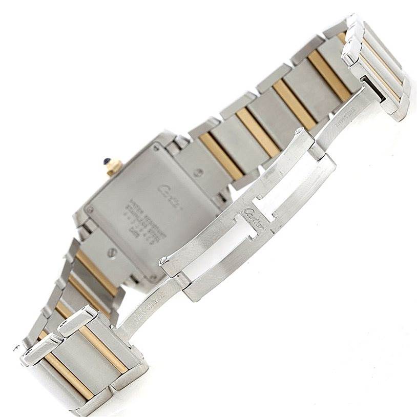 This image shows the backside and bracelet of the Cartier Tank Francaise W51012Q4 Women's Steel and Gold (two tone) Silver Dial W51012Q4 Women's Steel and Gold (two tone) Silver Dial watch, including the clasp and case back.