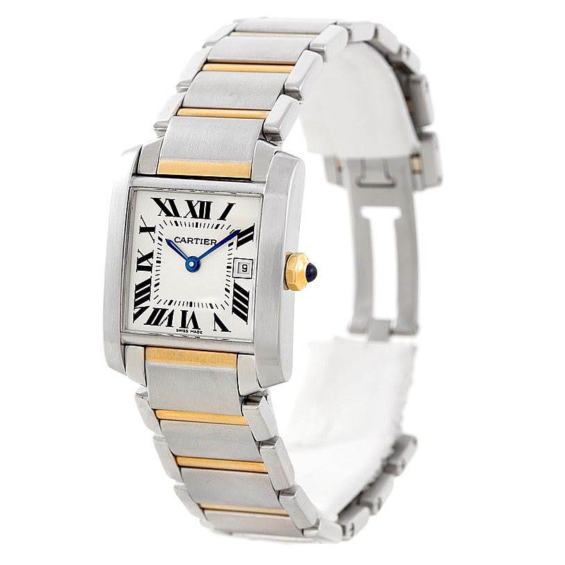 The image shows a Cartier Tank Francaise W51012Q4 Women's Steel and Gold (two tone) Silver Dial W51012Q4 Women's Steel and Gold (two tone) Silver Dial watch at an angled view displaying the face, bezel, crown, and part of the bracelet.