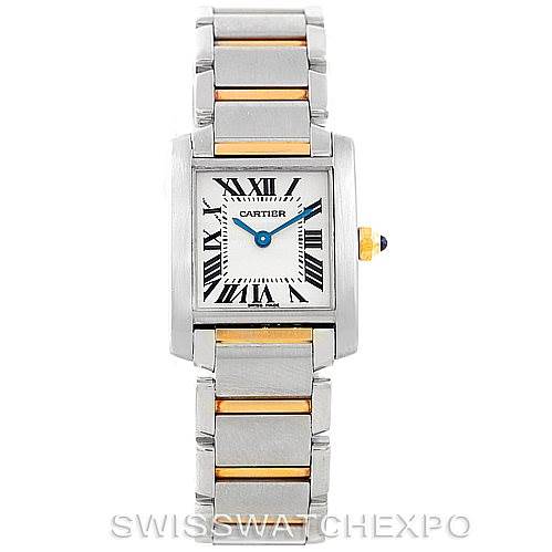 The Cartier Tank Francaise W51007Q4 Women's Steel and Gold (two tone) Silver Dial W51007Q4 Women's Steel and Gold (two tone) Silver Dial is shown from a top view, highlighting its stainless steel and gold bracelet, square dial, and Roman numerals.