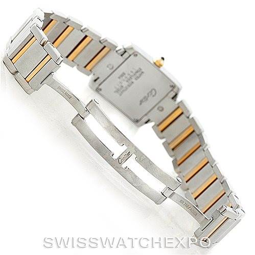 This image shows the back and bracelet of the Cartier Tank Francaise W51007Q4 Women's Steel and Gold (two tone) Silver Dial W51007Q4 Women's Steel and Gold (two tone) Silver Dial watch, highlighting its two-tone metal design and deployment clasp.