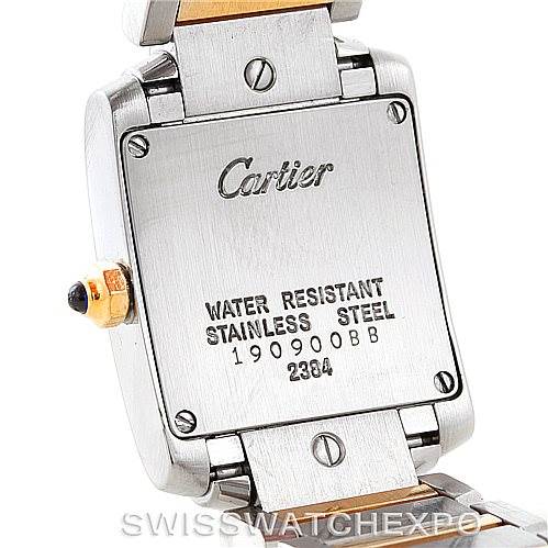 The image shows the back case of the Cartier Tank Française watch, highlighting the water resistance, stainless steel material, and model details.