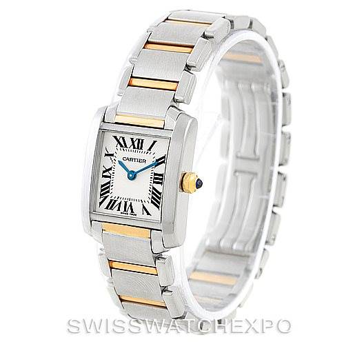 This image shows a Tank Francaise watch by Cartier in an angled front view, featuring the face, bracelet, and crown.