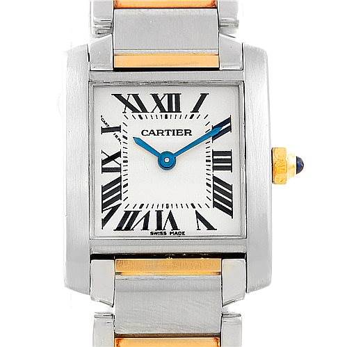 This image shows a front view of a Cartier Tank Francaise W51007Q4 Women's Steel and Gold (two tone) Silver Dial W51007Q4 Women's Steel and Gold (two tone) Silver Dial watch, featuring its face and part of its two-tone metal bracelet.