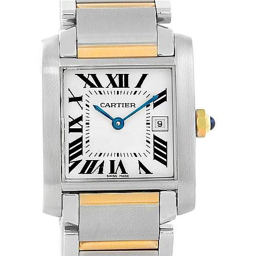 The image shows a front view of a Cartier Tank Francaise W51012Q4 Women's Steel and Gold (two tone) Silver Dial W51012Q4 Women's Steel and Gold (two tone) Silver Dial watch, featuring a rectangular face, Roman numerals, and a two-tone metal bracelet.