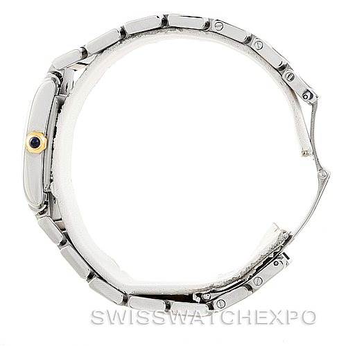 The Cartier Tank Francaise W51012Q4 Women's Steel and Gold (two tone) Silver Dial W51012Q4 Women's Steel and Gold (two tone) Silver Dial watch is shown in a side profile, highlighting its bracelet, crown, and case.