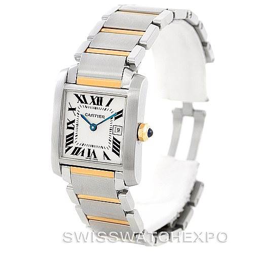 The image shows a Cartier Tank Française watch at a three-quarter angle, highlighting its two-tone metal bracelet and rectangular face.