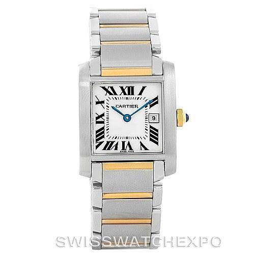 The image shows the front view of a Cartier Tank Française watch with its full stainless steel and gold bracelet visible.