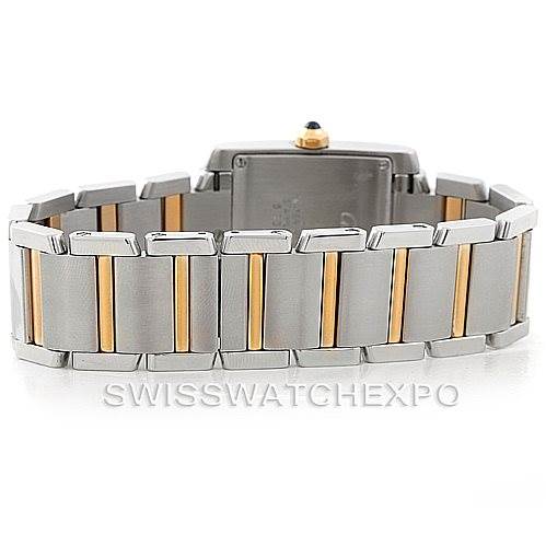 This image shows the back view of the bracelet and case of a Cartier Tank Francaise W51012Q4 Women's Steel and Gold (two tone) Silver Dial W51012Q4 Women's Steel and Gold (two tone) Silver Dial watch featuring a two-toned metal design.
