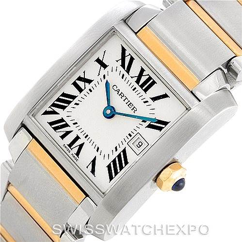 The image shows a close-up angled view of the Cartier Tank Française watch, highlighting the face, crown, and part of the bracelet.