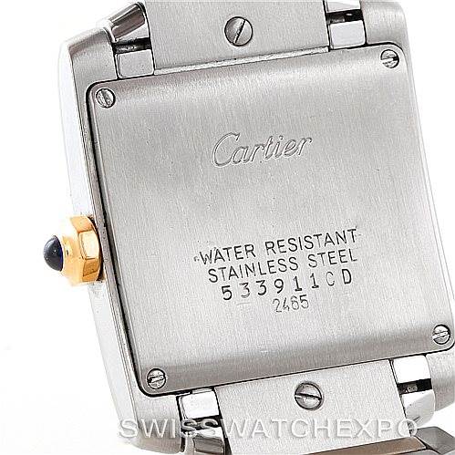 The image shows the back case of a Cartier Tank Francaise W51012Q4 Women's Steel and Gold (two tone) Silver Dial W51012Q4 Women's Steel and Gold (two tone) Silver Dial watch, highlighting the brand engraving and model details.