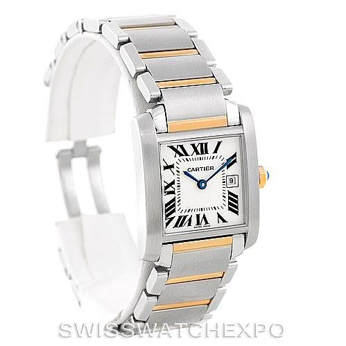 The image shows a Cartier Tank Francaise W51012Q4 Women's Steel and Gold (two tone) Silver Dial W51012Q4 Women's Steel and Gold (two tone) Silver Dial watch at a three-quarter angle, highlighting the face, bracelet, and clasp.