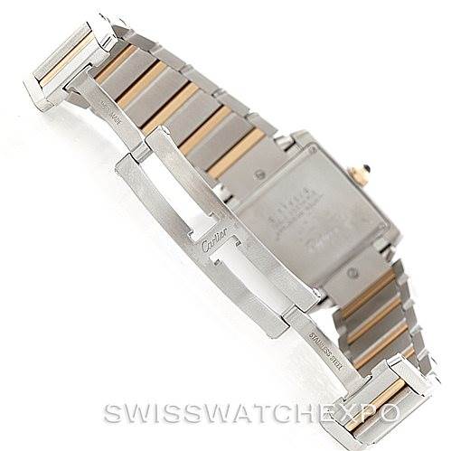 This image shows the back view of a Cartier Tank Française watch and its metal bracelet, highlighting the clasp and bracelet links.
