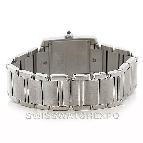 The image shows the back view of the Cartier Tank Francaise W51011Q3 Women's Stainless Steel Silver Dial W51011Q3 Women's Stainless Steel Silver Dial watch, highlighting the bracelet and case back.