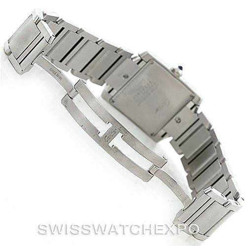 The image shows the backside and clasp of the Cartier Tank Francaise W51011Q3 Women's Stainless Steel Silver Dial W51011Q3 Women's Stainless Steel Silver Dial watch, highlighting its metal bracelet.