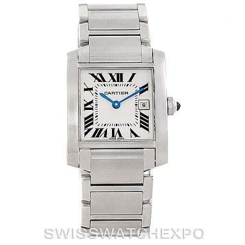 The Cartier Tank Francaise W51011Q3 Women's Stainless Steel Silver Dial W51011Q3 Women's Stainless Steel Silver Dial watch is shown from a front angle, displaying its rectangular dial, Roman numerals, date complication, and stainless steel bracelet.