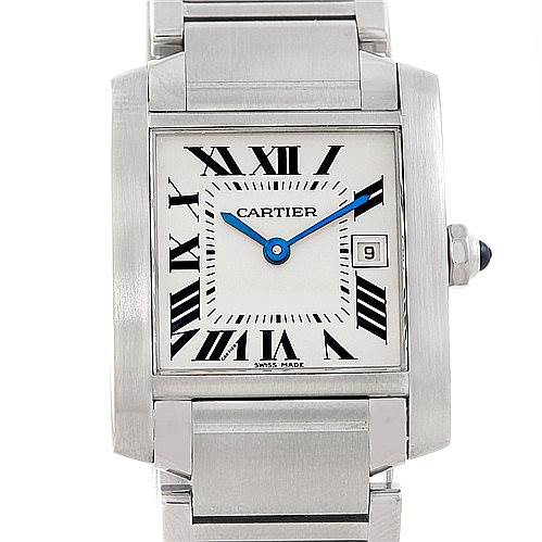 The image shows a frontal view of the Cartier Tank Francaise W51011Q3 Women's Stainless Steel Silver Dial W51011Q3 Women's Stainless Steel Silver Dial watch, displaying its rectangular face, Roman numerals, and metallic strap.