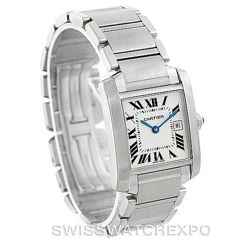 The image shows a Cartier Tank Française watch from a slight angle, highlighting its rectangular face, Roman numerals, and metal bracelet.