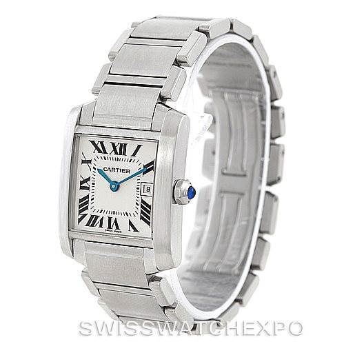The image shows a Cartier Tank Française watch at a three-quarter angle, displaying its face, crown, and metal bracelet.