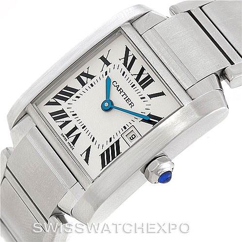 The Cartier Tank Francaise W51011Q3 Women's Stainless Steel Silver Dial W51011Q3 Women's Stainless Steel Silver Dial watch is shown from an angled top view, displaying its rectangular face, Roman numerals, and metal bracelet.