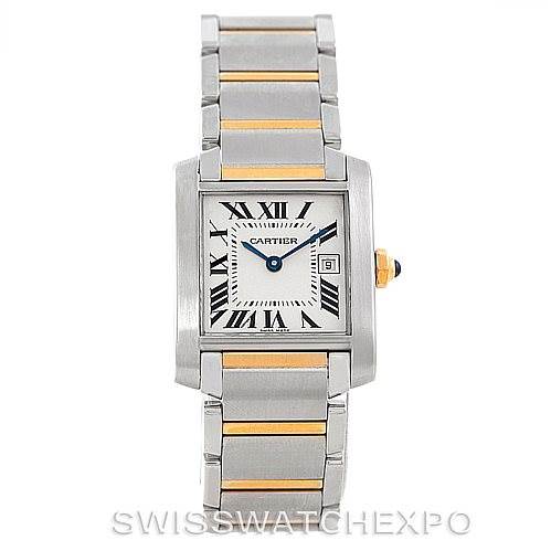 The image shows a Cartier Tank Francaise W51012Q4 Women's Steel and Gold (two tone) Silver Dial W51012Q4 Women's Steel and Gold (two tone) Silver Dial watch from a front angle, highlighting the rectangular face, Roman numerals, and metal bracelet.