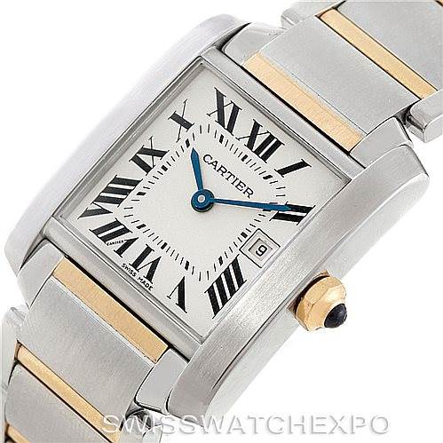 This image shows a close-up angle of the Cartier Tank Francaise W51012Q4 Women's Steel and Gold (two tone) Silver Dial W51012Q4 Women's Steel and Gold (two tone) Silver Dial watch, highlighting its face, crown, and bracelet.