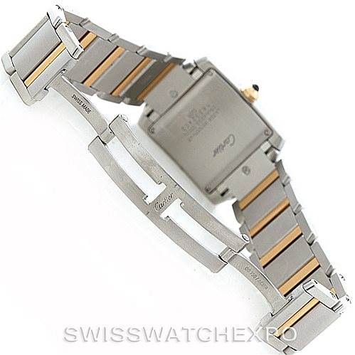The image shows the back of a Cartier Tank Francaise W51012Q4 Women's Steel and Gold (two tone) Silver Dial W51012Q4 Women's Steel and Gold (two tone) Silver Dial watch, highlighting its bracelet and clasp, viewed from a slightly tilted angle.