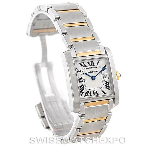 The image shows a Cartier Tank Francaise W51012Q4 Women's Steel and Gold (two tone) Silver Dial W51012Q4 Women's Steel and Gold (two tone) Silver Dial watch at a three-quarter angle, displaying the face, bracelet, and clasp.