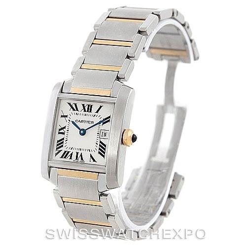 The image shows a Cartier Tank Francaise W51012Q4 Women's Steel and Gold (two tone) Silver Dial W51012Q4 Women's Steel and Gold (two tone) Silver Dial watch from an angled side view, displaying its face, bracelet, and clasp.