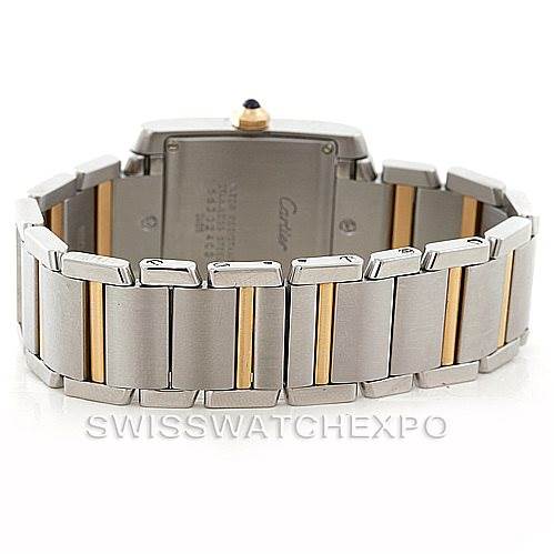 The image shows the back and bracelet of a Cartier Tank Francaise W51012Q4 Women's Steel and Gold (two tone) Silver Dial W51012Q4 Women's Steel and Gold (two tone) Silver Dial watch, highlighting its two-tone metal links.