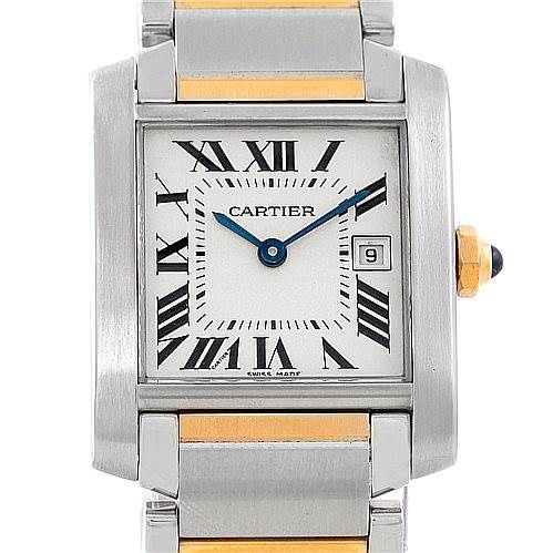 The image shows the front view of a Cartier Tank Française watch, including its face, Roman numeral markers, blue hands, and two-tone band.
