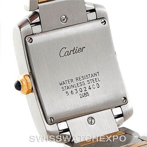 The image shows the back case of a Cartier Tank Francaise W51012Q4 Women's Steel and Gold (two tone) Silver Dial W51012Q4 Women's Steel and Gold (two tone) Silver Dial watch, highlighting the brand, water resistance, and serial number.
