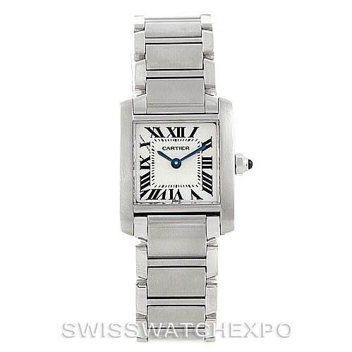 This image shows the Cartier Tank Francaise W51008Q3 Women's Stainless Steel Silver Dial W51008Q3 Women's Stainless Steel Silver Dial watch from a front angle, featuring its dial, bracelet, and crown.