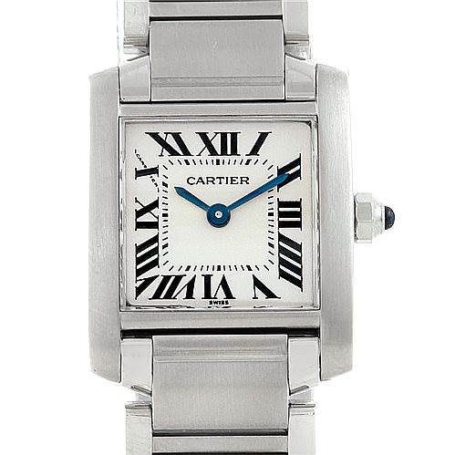 The image shows a front view of the Cartier Tank Francaise W51008Q3 Women's Stainless Steel Silver Dial W51008Q3 Women's Stainless Steel Silver Dial watch, highlighting its square face, Roman numerals, and stainless steel bracelet.
