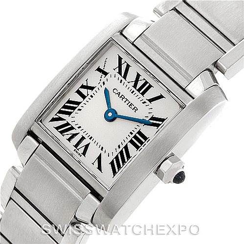 This image shows the Cartier Tank Francaise W51008Q3 Women's Stainless Steel Silver Dial W51008Q3 Women's Stainless Steel Silver Dial watch at an angle, displaying its face, bracelet, and crown.