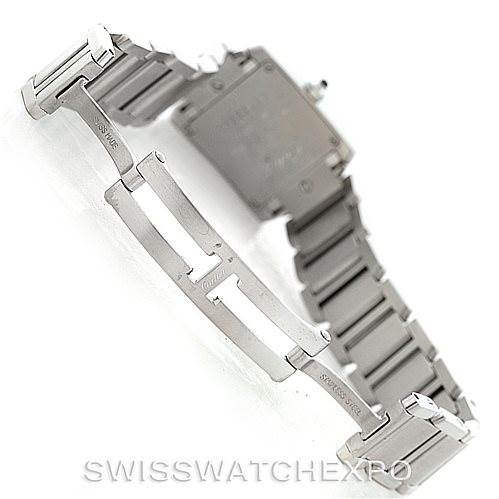 The image shows the clasp and part of the bracelet of a Tank Française model by Cartier, viewed from the backside.