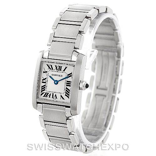 The Cartier Tank Française watch is shown at a three-quarter angle, displaying the face and metal bracelet.