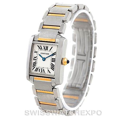 The image shows a Cartier Tank Française watch from an angled view, focusing on the face and stainless steel bracelet with gold accents.
