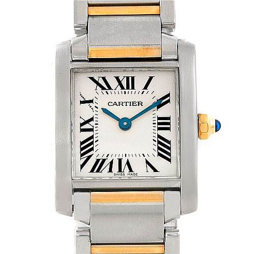 The image shows a front view of a Cartier Tank Francaise W51007Q4 Women's Steel and Gold (two tone) Silver Dial W51007Q4 Women's Steel and Gold (two tone) Silver Dial watch, highlighting its dial, case, and part of the bracelet.