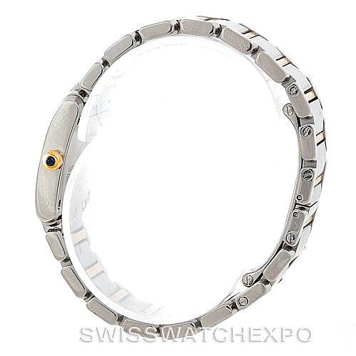 This image shows the side profile of the Cartier Tank Française watch, highlighting its bracelet and side crown.