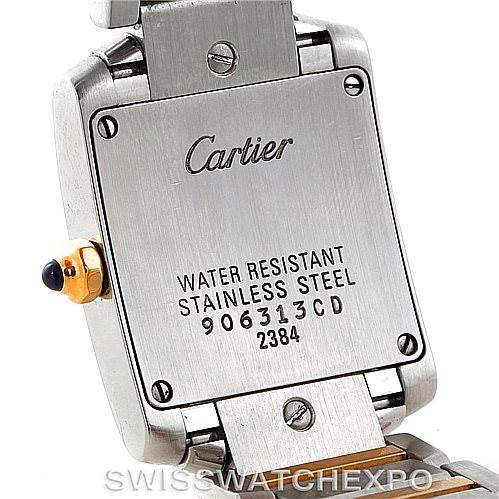 The image shows the back case of a Cartier Tank Francaise W51007Q4 Women's Steel and Gold (two tone) Silver Dial W51007Q4 Women's Steel and Gold (two tone) Silver Dial watch, highlighting the brand name and various specifications.