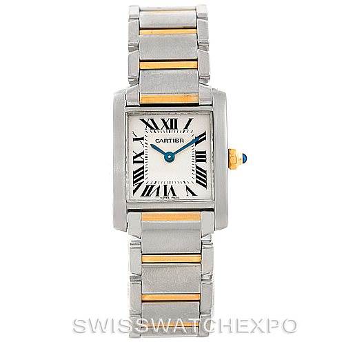The image shows a front view of a Tank Francaise model watch by Cartier, highlighting the face, bracelet, and crown.