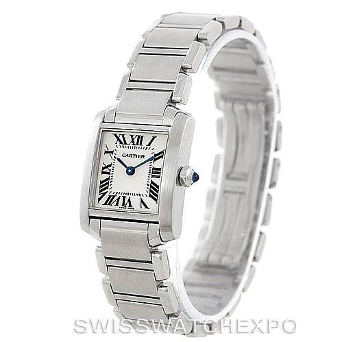 This image shows a Cartier Tank Francaise W51008Q3 Women's Stainless Steel Silver Dial W51008Q3 Women's Stainless Steel Silver Dial watch at a slight side angle, displaying the bracelet and square watch face with Roman numerals.