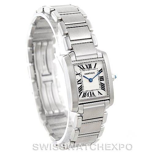 This image shows a full view of the Cartier Tank Francaise W51008Q3 Women's Stainless Steel Silver Dial W51008Q3 Women's Stainless Steel Silver Dial watch, displaying its rectangular face, Roman numerals, and metallic bracelet.