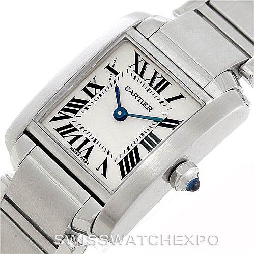This image shows a close-up view of the Cartier Tank Francaise W51008Q3 Women's Stainless Steel Silver Dial W51008Q3 Women's Stainless Steel Silver Dial watch, focusing on the face and part of the metal bracelet.