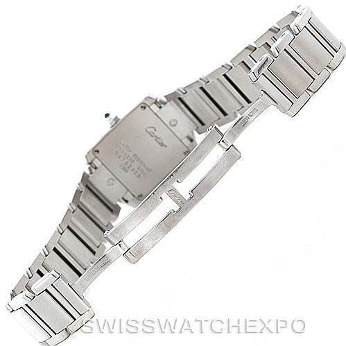This image shows the backside and clasp of the Tank Francaise watch by Cartier at an angled view.