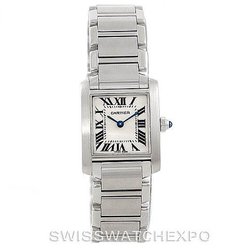 The image shows a frontal view of the Cartier Tank Française watch, highlighting its rectangular face and bracelet.