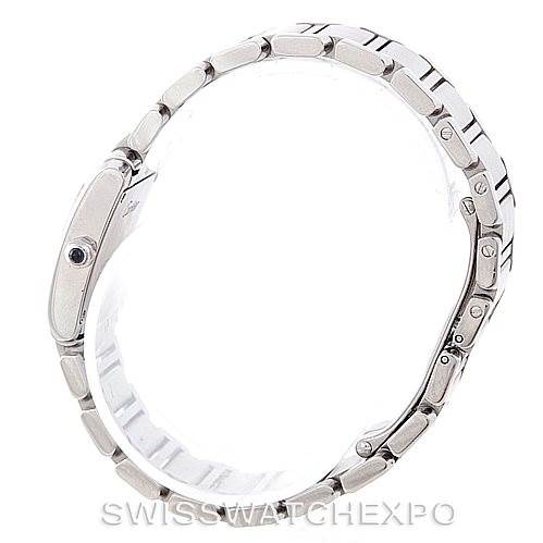 The image shows a Cartier Tank Francaise W51008Q3 Women's Stainless Steel Silver Dial W51008Q3 Women's Stainless Steel Silver Dial watch from a side angle, highlighting its bracelet and side profile.