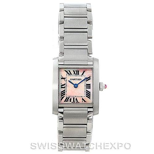 This image shows a frontal view of the Cartier Tank Francaise W51028Q3 Women's Stainless Steel Mother of Pearl Dial W51028Q3 Women's Stainless Steel Mother of Pearl Dial watch, highlighting its rectangular face and metal bracelet.