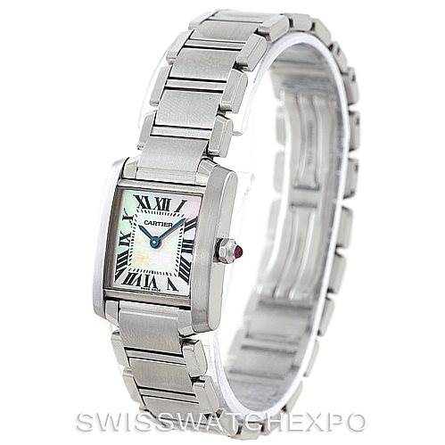 The image shows a Cartier Tank Francaise W51028Q3 Women's Stainless Steel Mother of Pearl Dial W51028Q3 Women's Stainless Steel Mother of Pearl Dial watch from a front-left angle, highlighting its face, bezel, and metal bracelet.