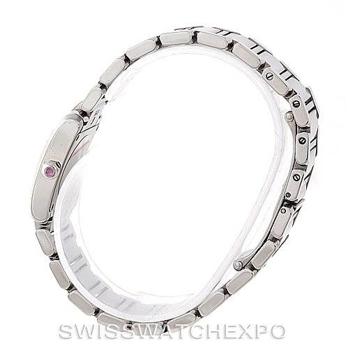 The image shows a side angle of the strap and clasp of the Cartier Tank Française watch.